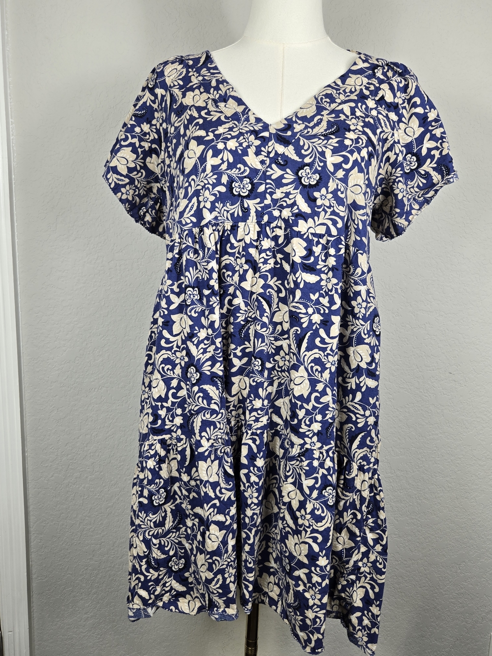 Old Navy Floral Tiered Mini Dress Small Boho Cottagecore Puff Sleeve V Neck - Picture 6 of 7